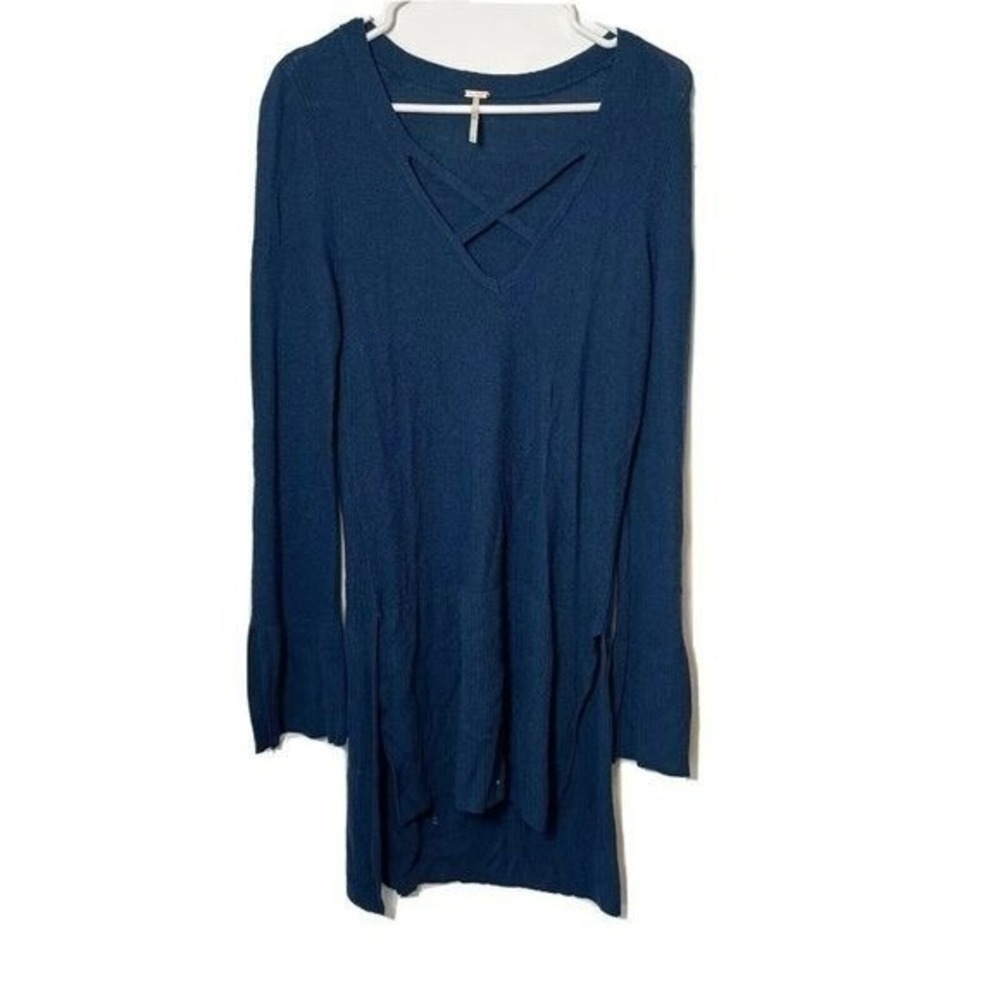 Free People Pullover Tunic Top Sweater Womens S Navy Blue Crisscross V-Neck Boho